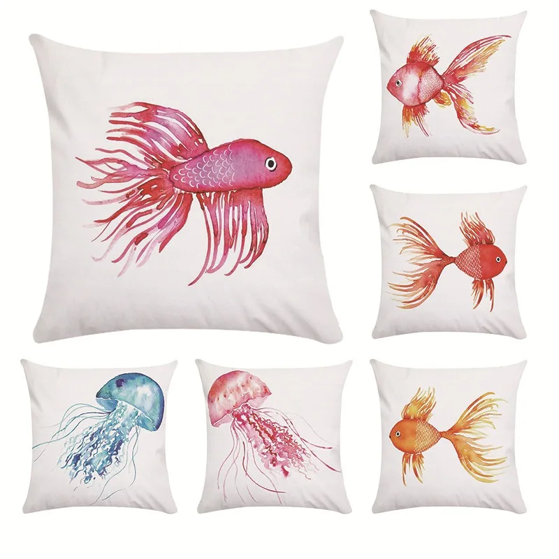 Fashion Home Decoration Goldfish and Jellyfish Pattern Printed Super Soft Pillow Cover Office Seat Cushion Cover