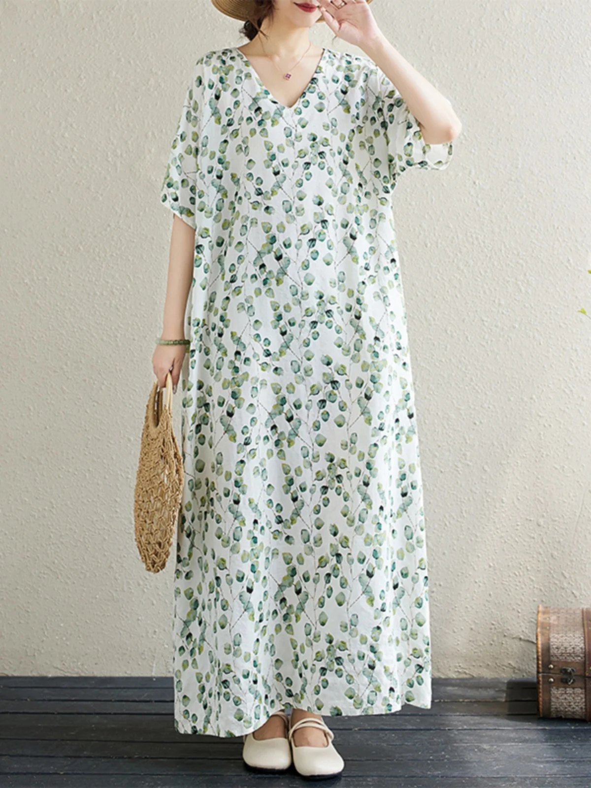 

Ele Fre Cotton Linen Robe Dr V-Ne Loose plus Size Slimming Long Skirt Women's Faion Commute Sle Summer Dr