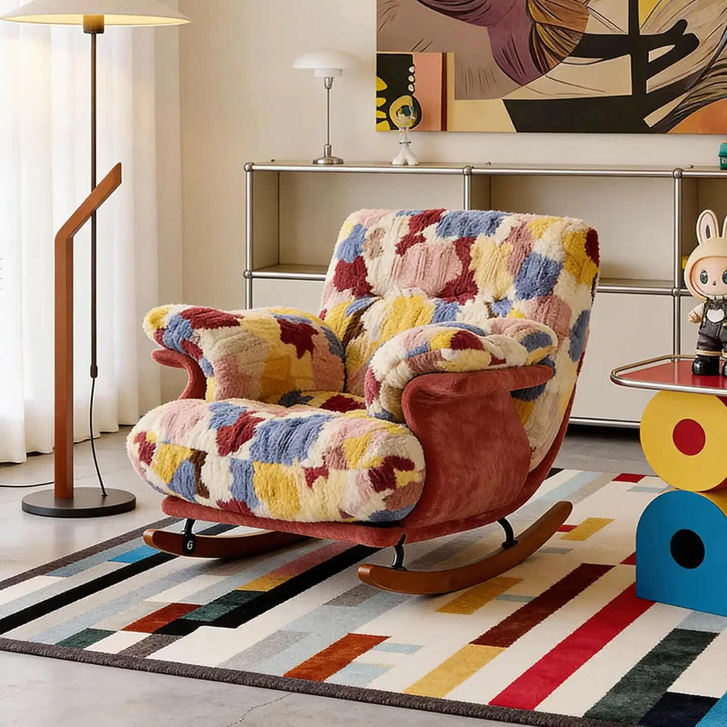 Dopamine Wind Rainbow Fleece Rocking Chair Apartment Study Reading Reclining Chair Bedroom Area Single Sofa Chair view 4
