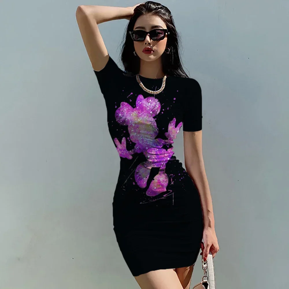 2022 Disney Sexy Minnie Mickey Mouse Leopard Print print Bodycon Mini Dress Women Summer Sexy bag hip Party Clubwear Slim Dress