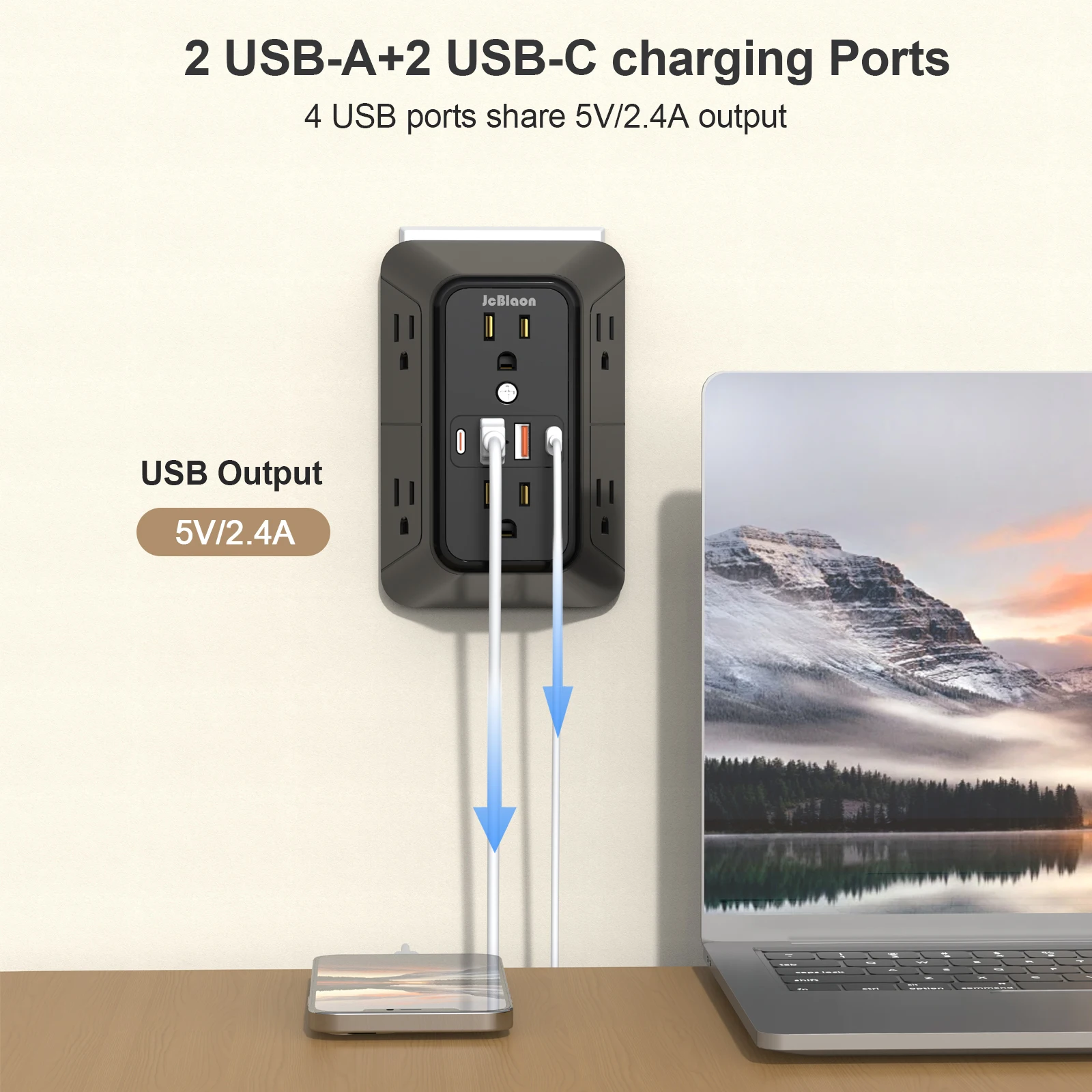 Multi Plug Wall Socket with 6 AC Outlets, 4 USB Charging Station (2 Type C), Universal Power Strip Surge Protector Fast Charger
