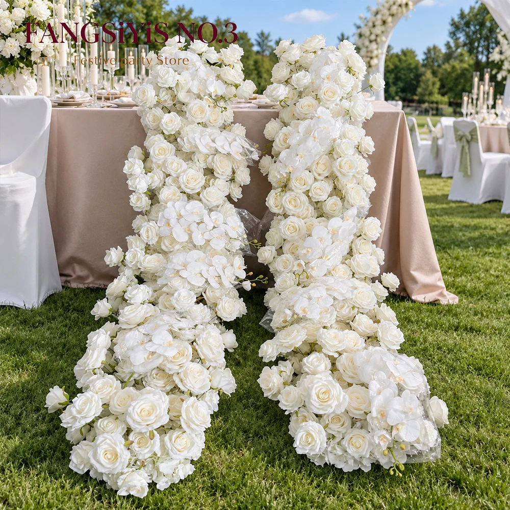 1/2/3m Artificial White Rose Orchid Flower Row Wedding Arch Silk Floral Runner for Wedding Aisle Table Centerpiece Party Decor