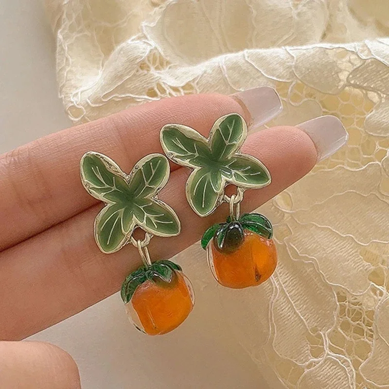 Creative Persimmon Orange Color Flower Leaf Earrings for Women Painting Oil Glazed Glass Cherry Clip on Earrings No Piercing