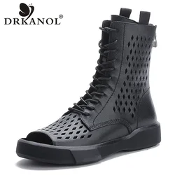 DRKANOL Summer Hollow Open Toe Cool Boots Women Genuine Leather Soft Soled Comfort Back Zipper Breathable Mid-Calf Flat Boots