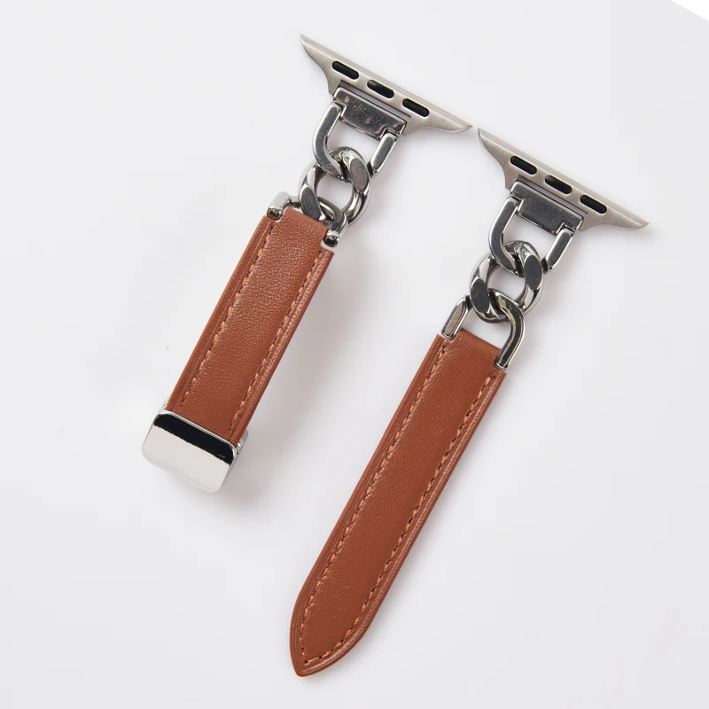 Chain+Leather Strap For Apple Watch Ultra band 49mm 45mm 41mm Women Narrow bodyMagnetic Bracelet iWatch Series 9 8 7 SE 6 5 4 3