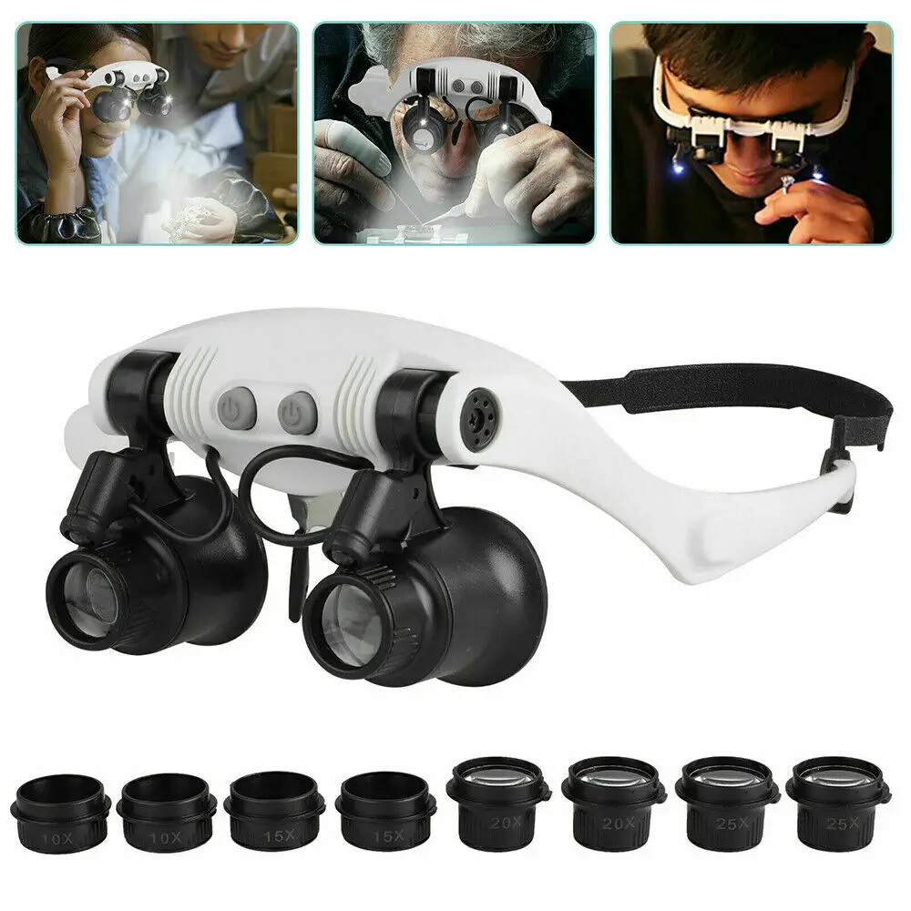 10X 15X 20X 25X LED Magnifier Double Eye Glasses with 8 Lens LED lamp Loupe Lens Jeweler Watch Repair Measurement