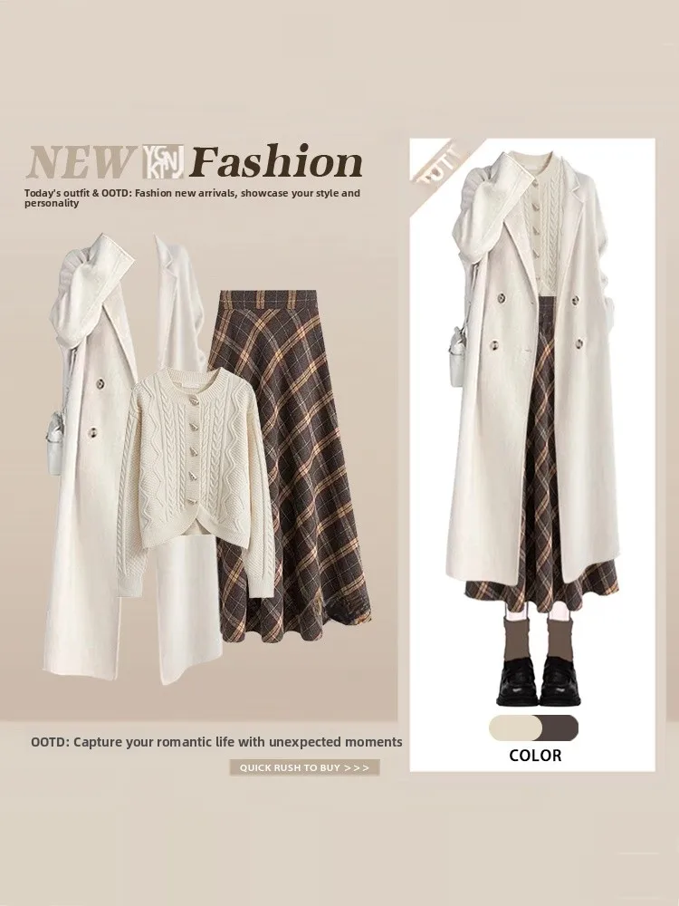 

Retro Knitted Cardigan Coat Three-Piece Set with Plaid Skirt Long Sleeve Suit Collar Outerwear for Women Winter Fashion