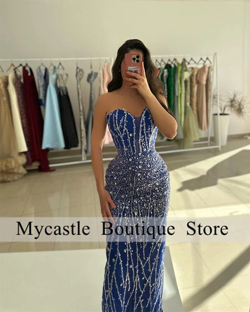 Royal Blue Beaded Lace Mermaid Evening Dresses Women 2025 Crystals Sweetheart Prom Gowns Formal Party Dress Customized