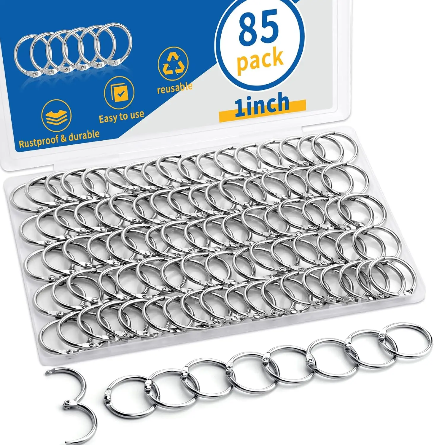 

1 Inch Binder Rings, 85 Pack - Heavy Duty Nickel Plated Metal Clips for Index Cards, Paper, Crafts, Office & Home