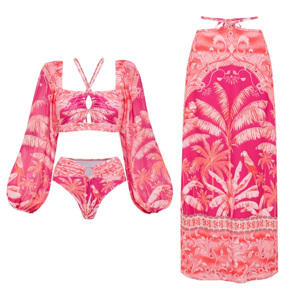 

2025 New Sexy Swimwear Women Swimsuit Puff Sleeve Bathing Suit Beachwear Print Biquini Female High Waist Bikini Set Beachwear
