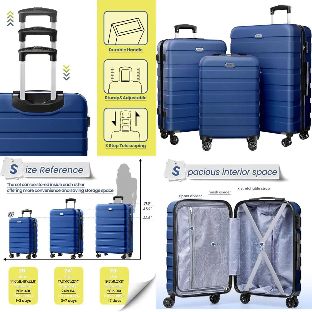 

3-Piece Hardshell Suitcase Set: Light PC ABS Travel Luggage with 4 Spinner Wheels, TSA Lock, 20, 24, 28 Dark Blue