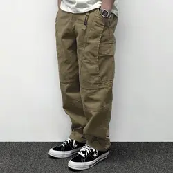 Autumn Men's Pants Multi-Pocket Cargo Pants Retro Solid Color Simple Loose Button Elastic Strap Casual Pants