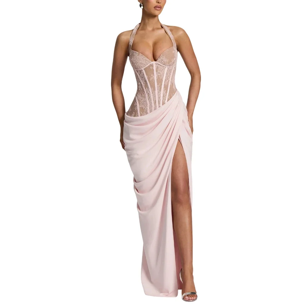 Fashionable Elegant Lace Corset Maxi Dress Sexy Halter Backless Draped High Split Gown For Women Formal Prom Dinner Party Club