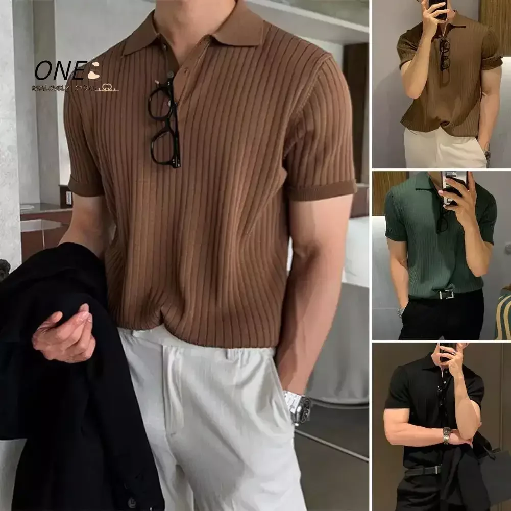 Lapel Short Sleeve Buttons Half Placket Loose Men Summer T-shirt Knitting Ribbed Shirt Top Streetwear Dropshipping