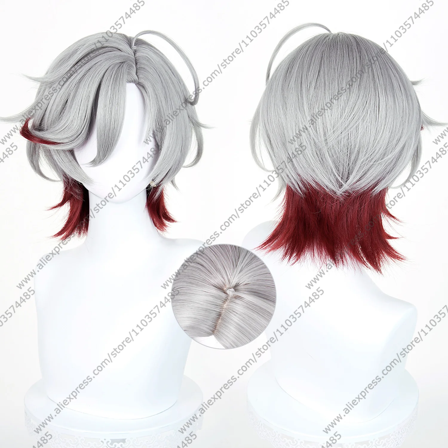 Anime Illuga Cosplay Perücke, 35 cm, kurze grau-rote Perücken, Spiel, Halloween, hitzebeständiges Kunsthaar