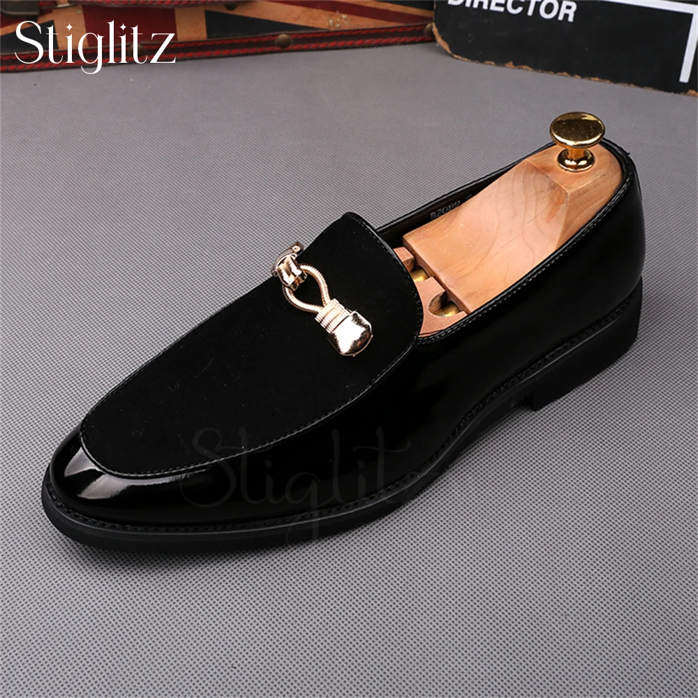 

Gold Metallic Twist Loafers Black Suede and Leather Slip-On Shoes Designer Style Concise and Stylish Casual Shoes for Banquets