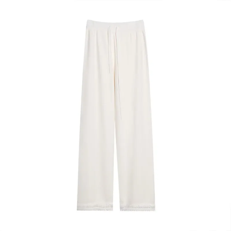 White Tassel Knitted Wide-leg Pants for Women in Winter, Loose, Slim, High-waisted, Casual Straight-leg Floor-length Pants