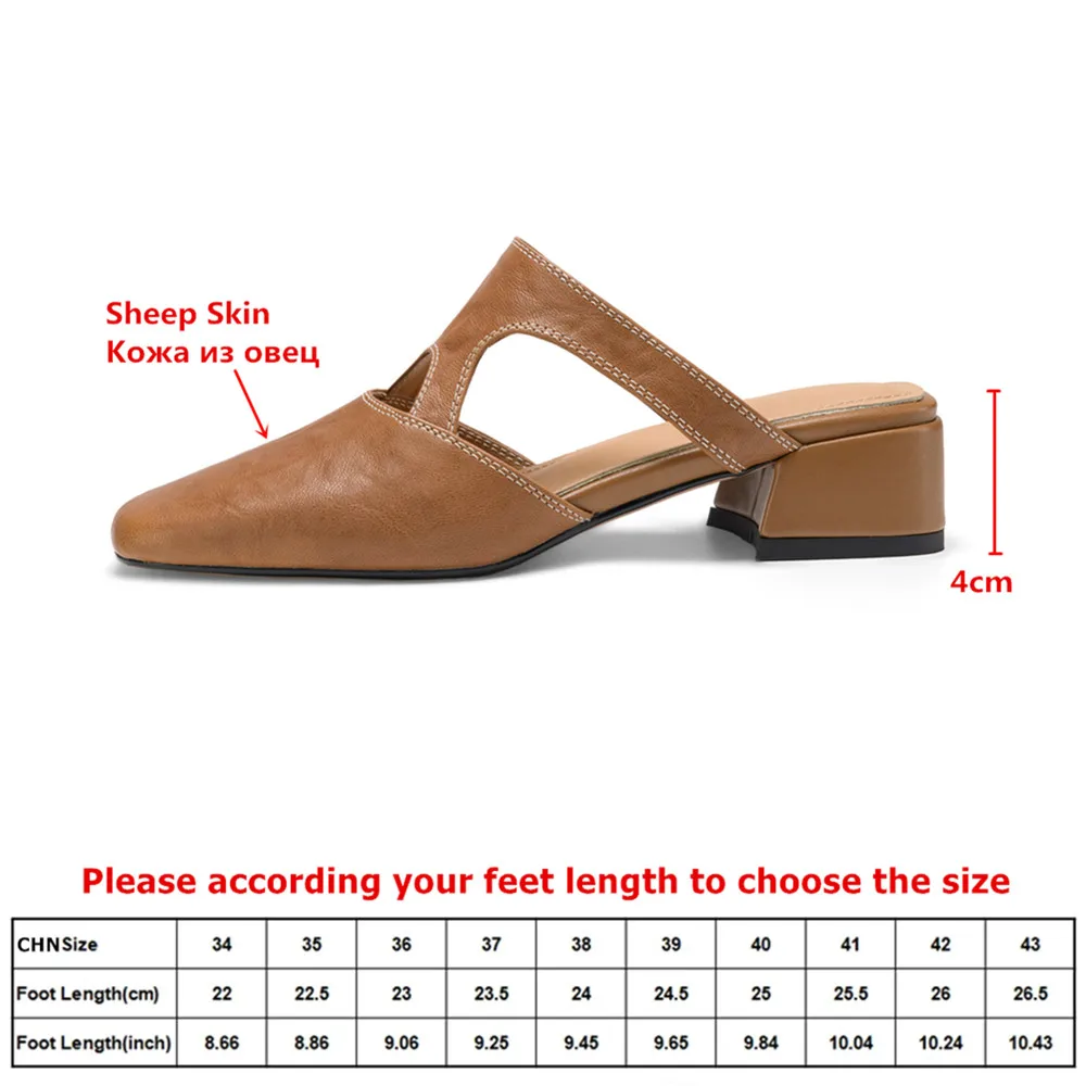 MILI-MIYA Women's Square-Toe Slip-On High-Heel Shoes Cowhide Leather Chunky Heel Solid Color Casual Open-Back Pumps Extra Large