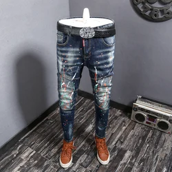Streetwear nadrukowana moda jeansy męskie Retro czarny niebieski projektant jeansy dla motocyklistów Homme malowany Hip Hop dżinsowy punkowe spodnie Hombre