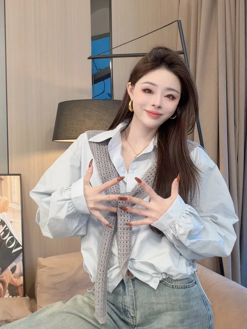 

Loose Fit Blue Long Sleeve Shirt Women's Casual Style Spring 2026 Turn-down Collar Breathable Comfortable Feel Premium Qualit...