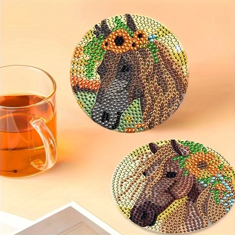 6-piece/set of horse patterned diamond painted wooden coasters, DIY creative diamond painted coasters, holiday gift 