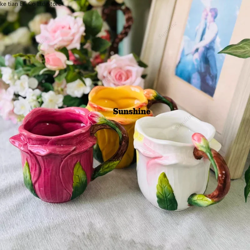 485ml Rose Ceramic Mug Hand Drawn Rose Ceramic Coffee Cup European Style Countryside Flower Tea Cup Milk Cup New Home GiftsY