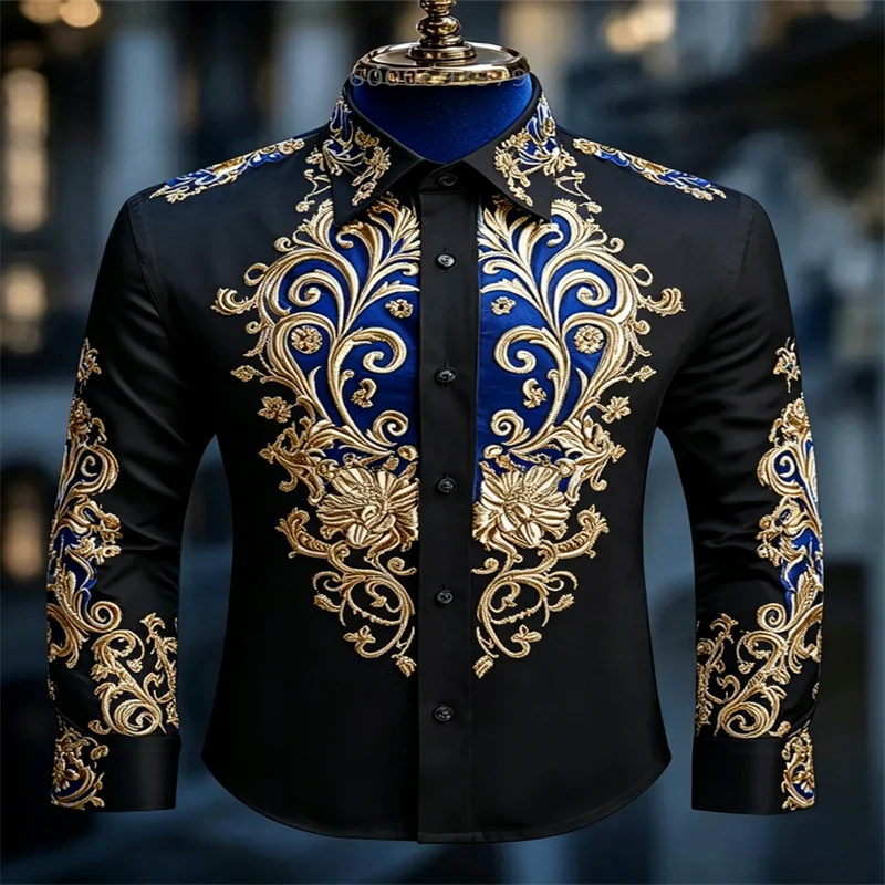 Black Blue Baroque Floral Print Long Sleeve Shirts Formal Wedding Party Dress Shirts Elegant Noble Slim Fit Button Down Blouse