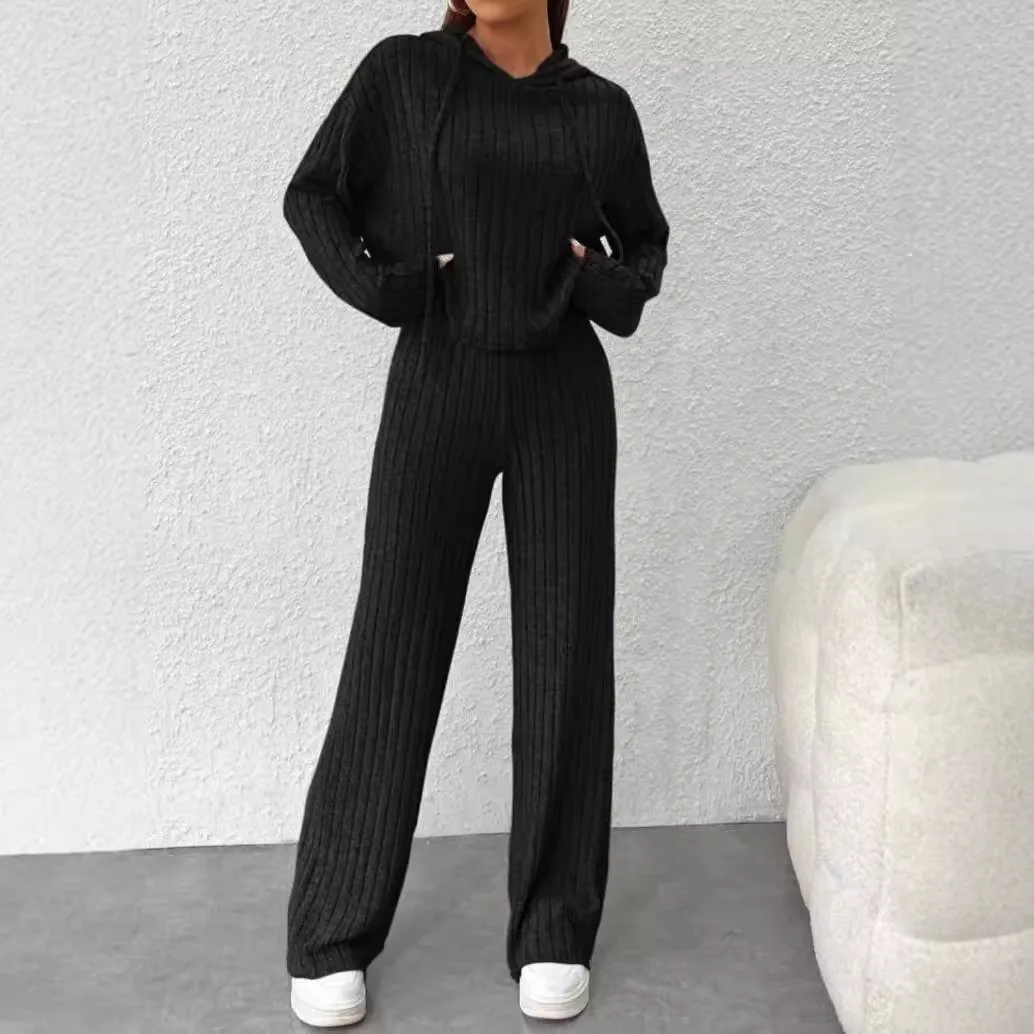 Women's Long-Sleeve Hooded 2Pcs Set Featuring A Drawstring Sweatshirt And Elastic Pant Fit Winter Sports Wear Jogging Loungewear