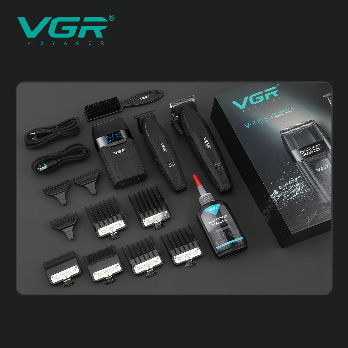 VGR high-end 3-in-1 hair trimming set professional electric hair clipper 9000 RPM household electric push shear shaver V-640 S3