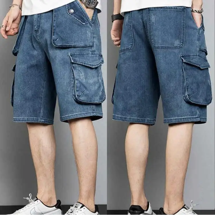 Men Loose Baggy Jeans Shorts Men Jeans Streetwear Long 3/4 Capri Cargo Shorts Pocket Bermuda Male Multi-Pocket Denim Shorts