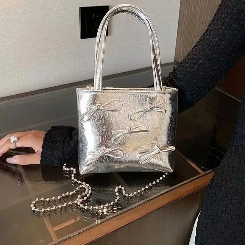 

Patchwork Bow Bag Small Square Sac Femme Chain Crossbady Bolsos De Mujer Versatile Bucket Bags for Woman Simple Textured Bolso