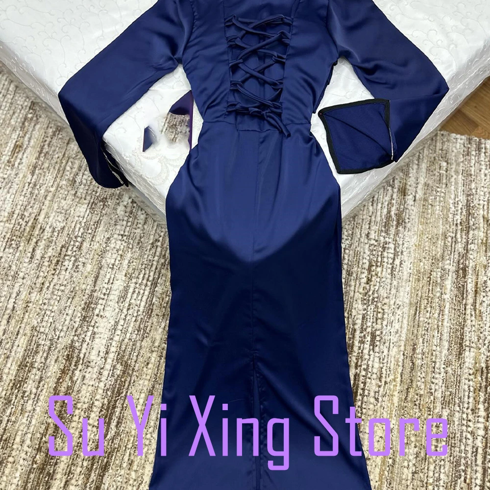 Crystal Satin Lace Up Back Square Neck Long Sleeves Floor Length Back Slit Sweep Train Graceful Criss-Cross Evening Dress 2024 image 5