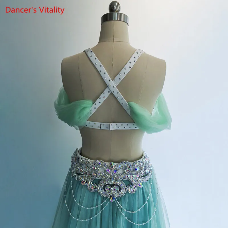 Belly Dance Suit Shiny Diamond Bra Mesh Big Swing Skirt Performance Clothes Set High-End Custom Adult Child Competition Clothing