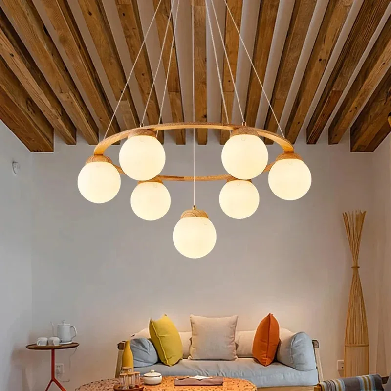 Wood LED Pendant Light, Modern Ring Glass Ball Hanging Lamp for Dining Room Living Room