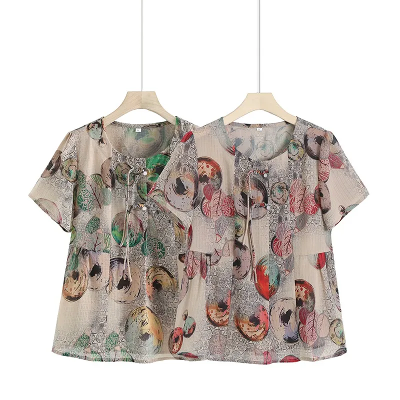 Summer Vintage Broken Flowers Blouse Commute Female Clothing Folk Casual Round Neck Short sleeved Shirt