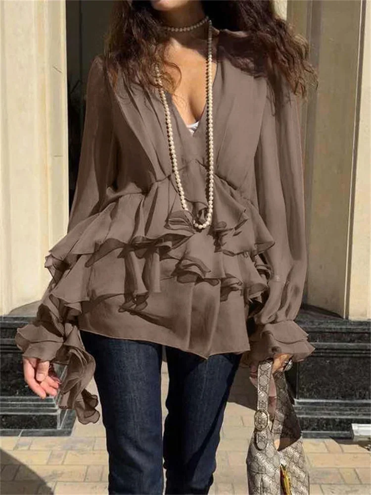 

BluWIn Chiffon Ruffled V-Neck Shirts Clothes For Women Patchwork Long Sleeve Loose Commute Elegant Blouse Female Casual Blouse