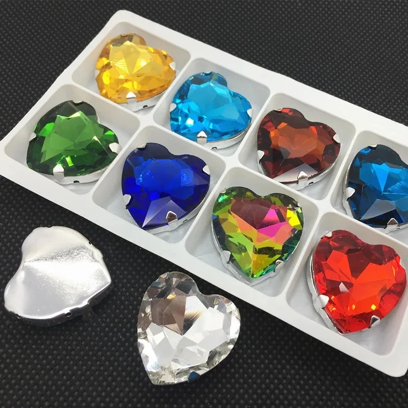 New Heart Shape Glass Sew On Rhinestones With Siver Claw Sew on Stone Crystal for Clothing Accessories Shoes DIY