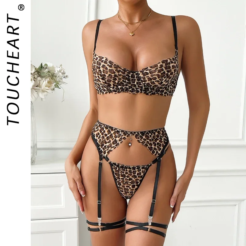 

Toucheart Sexy Lingerie Suit for Women Sexy Leopard Print Perspective Bra Thong Four-piece Set European American Sexy Lingerie