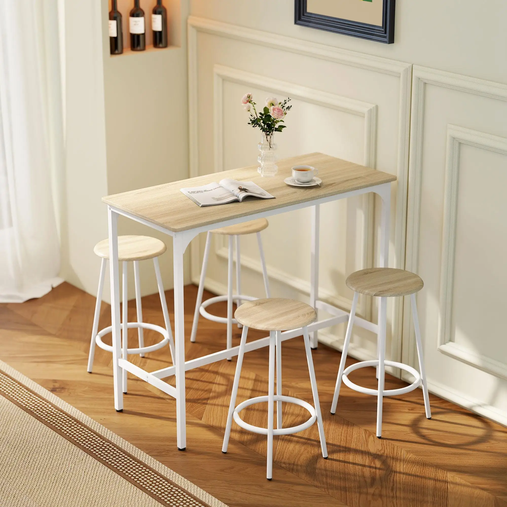Juego de Mesa de Bar de 5 Piezas con 4 Taburetes, Estructura Metálica, Reposapiés, para Cocina, Sala de Estar, Madera Natural Blanca