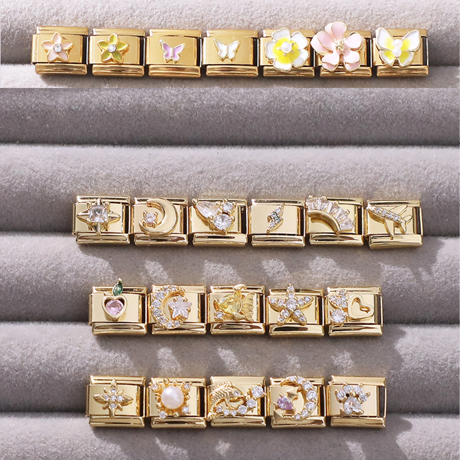 

Vintage Gold Color Fish Heart Moon Lightning Italian Charm Links Fit 9MM Stainless Steel Bracelet Women Men Jewelry DIY Making