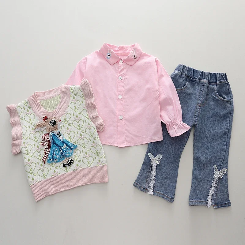 Children Fashion Kids Girls Causal Sweater Plaid Vest Shirt Pants Jeans 3 Pcs/Set Kids Infant Princess Clothing Toddler Tracksui