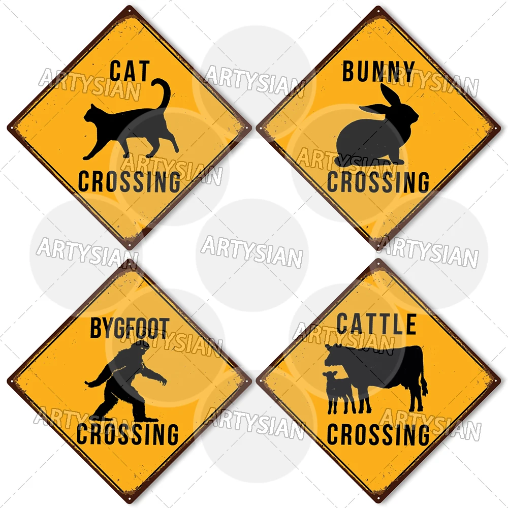 Traffic Safety Wildlife Warning Metal Sign Animal Crossing Plaque Bee Bigfoot Bunny Cat Cattle Chicken Bear FOX GOAT Raccoon