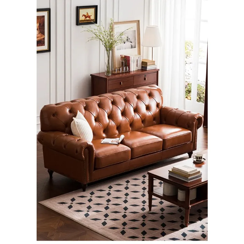 CX1 living room three-person caramel-colored leather sofa, retro buckle straight row, light luxury furniture