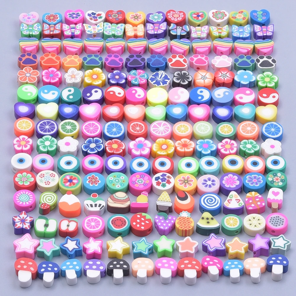 100Pcs/Lot Mixed Styles Animal Butterfly Fruit Flower Polymer Clay Spacer Beads Jewelry Wholesale Mini Heart Gossip Charms Bulk