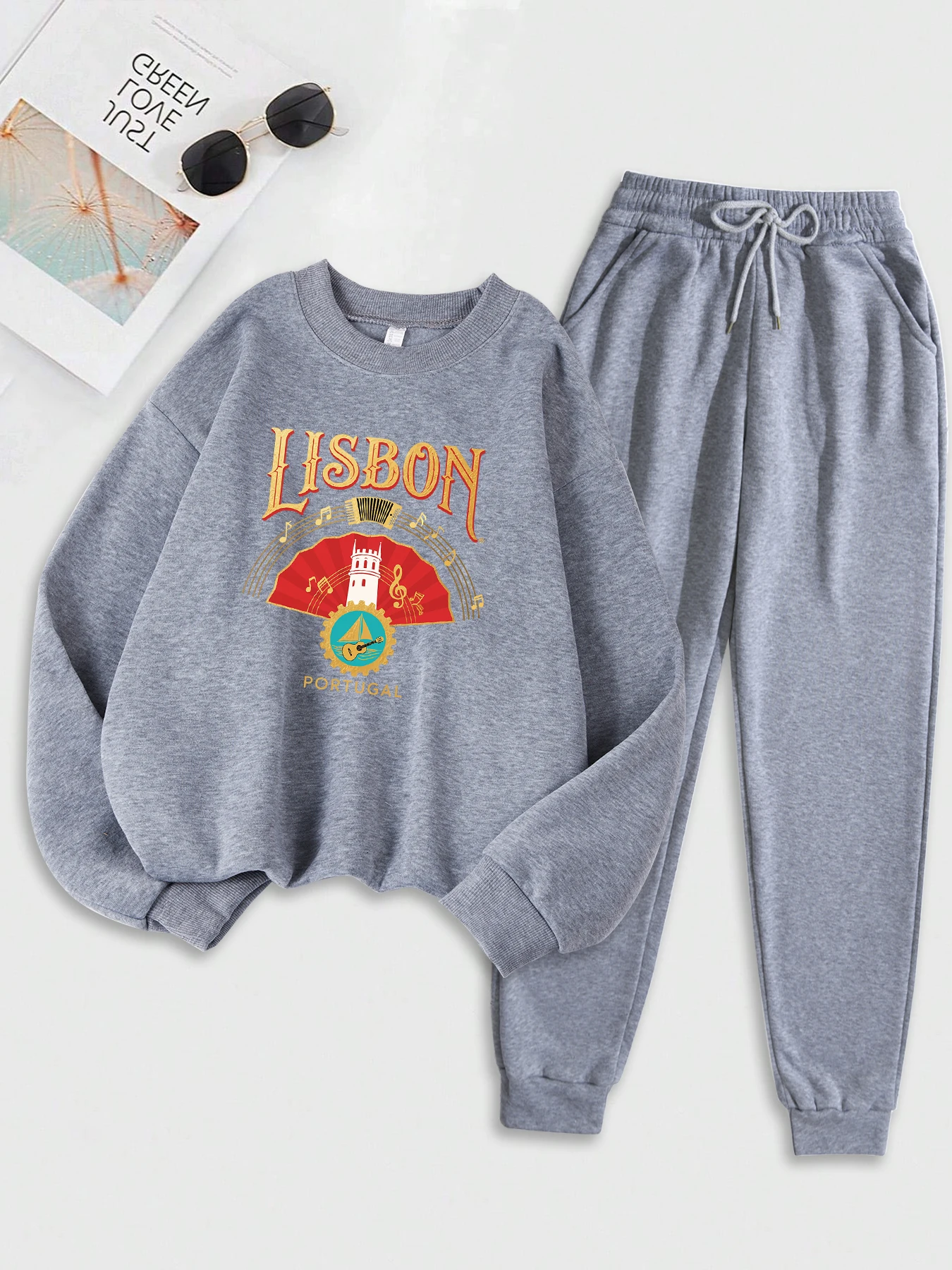 리스본 포르투갈 토레 데 벨렘 프린트 스포츠 슈트 여성용 부드러운 가을 스웨트셔츠 두꺼운 O넥 의류 캐주얼 루즈 스웨트셔츠