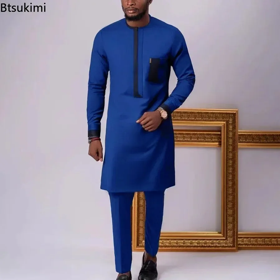 2025 Men's Muslim Sets Fashion O-neck Long Sleeve Shirt and Pants Two Pieces Traditional Africa Clothing Male Simple Casual Suit