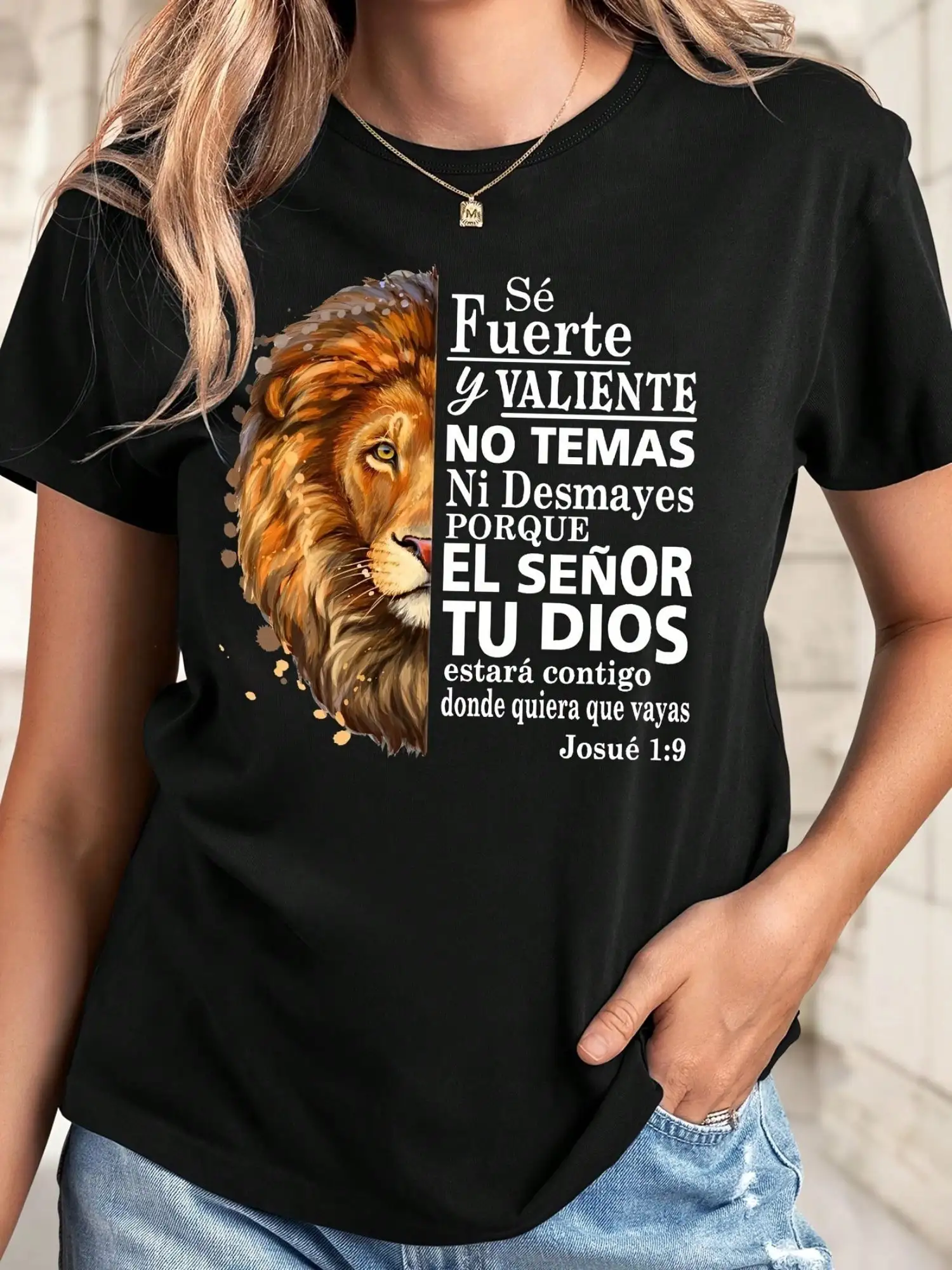 

Women's Inspirational Lion Printing T-Shirt- Black Round Neck Short Sleeve Elastic Blend Machine Washable with Bible Verses