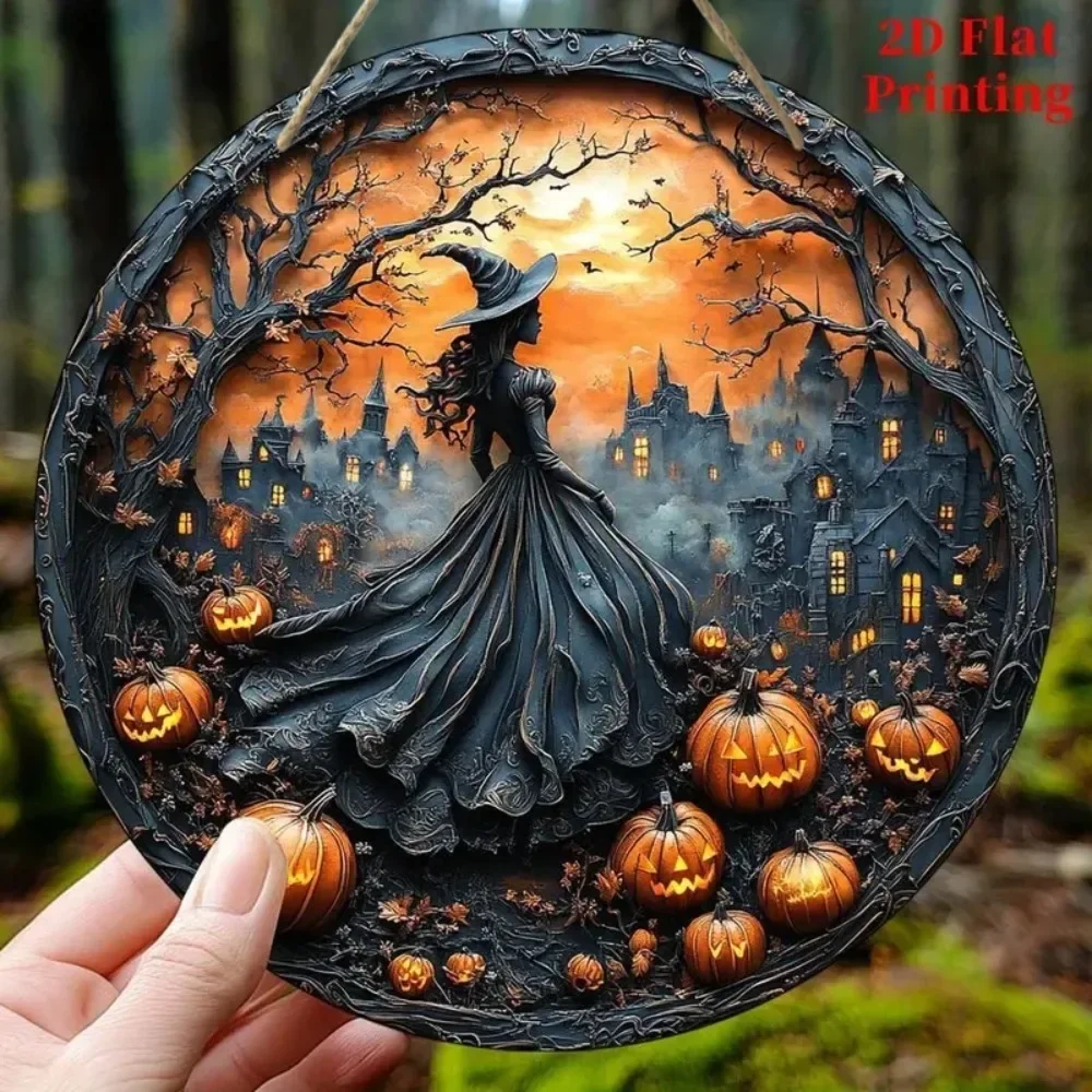2D-Halloween-Rundschild aus Holz – exquisites Hexenmuster, geeignet für Zuhause, Zimmer, Büro, Garten, Party-Dekoration, Geschenke