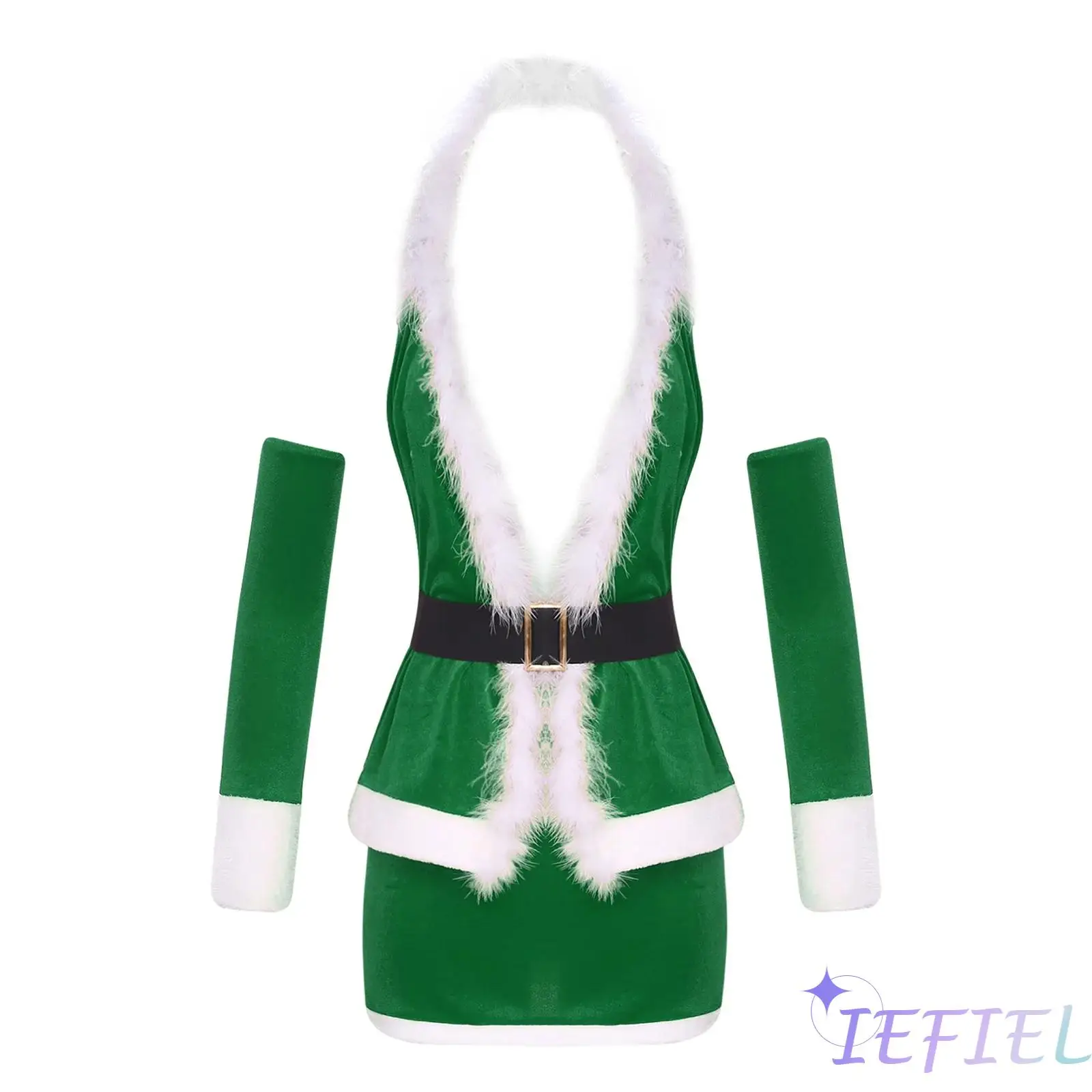 

Women Christmas Costume Sleeveless Halter Top with Matched Oversleeves Waistbelt And Short Skirt Set for Xmas Santa Cosplay
