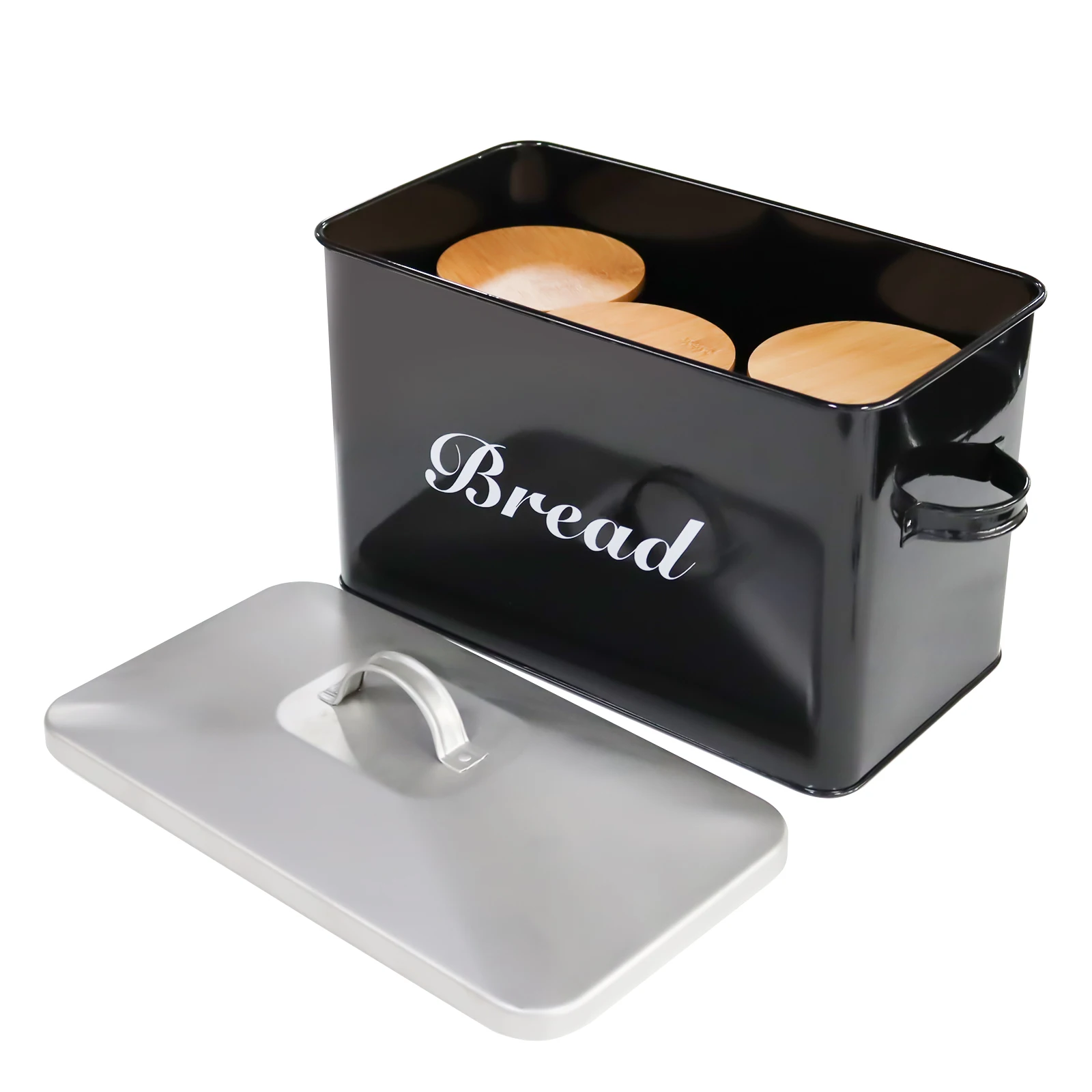 Kitchen Bread Food Storage Container Set Metal Bread Box with 3pcs Coffee Sugar Tea Jar Farmhouse Bread Snack Box Black White